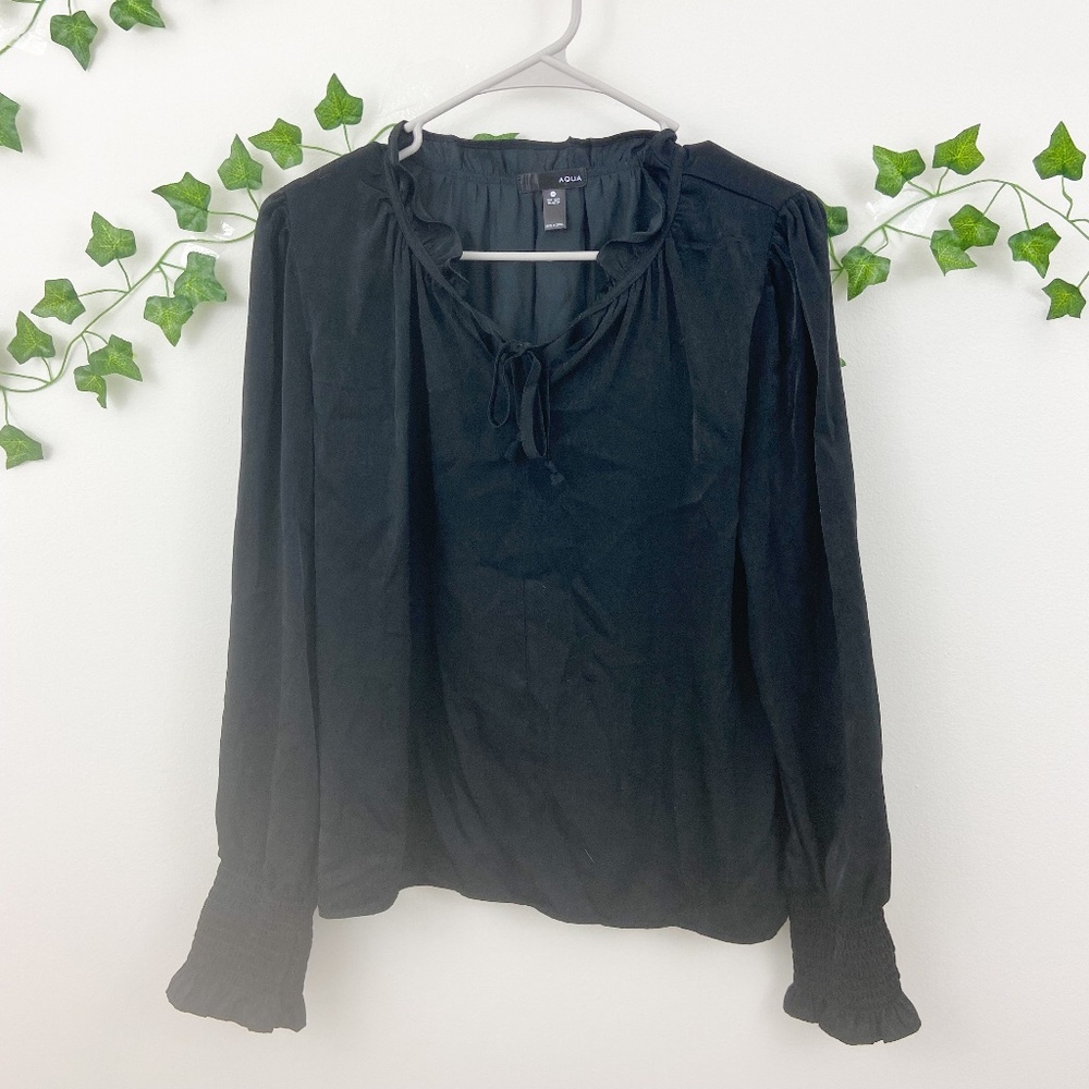 Aqua black keyhole tie front long sleeve blouse M
